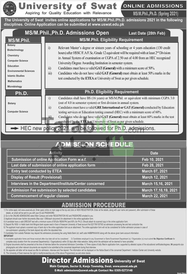 University Of Swat Announced Admissions 2021 TalabIlm