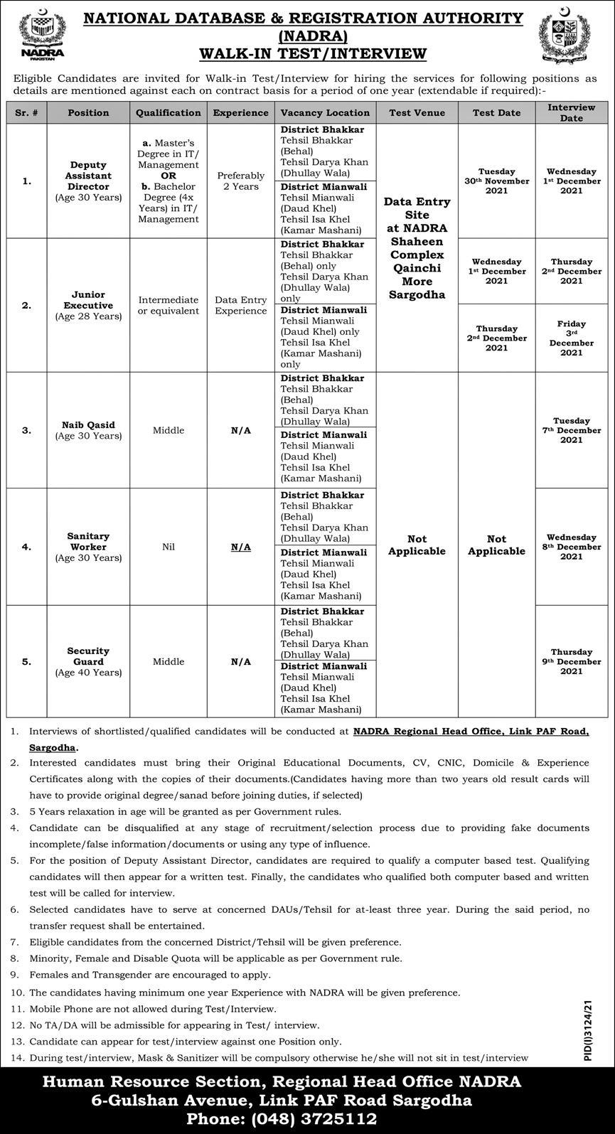 Nadra Deputy Assistant Director Jobs