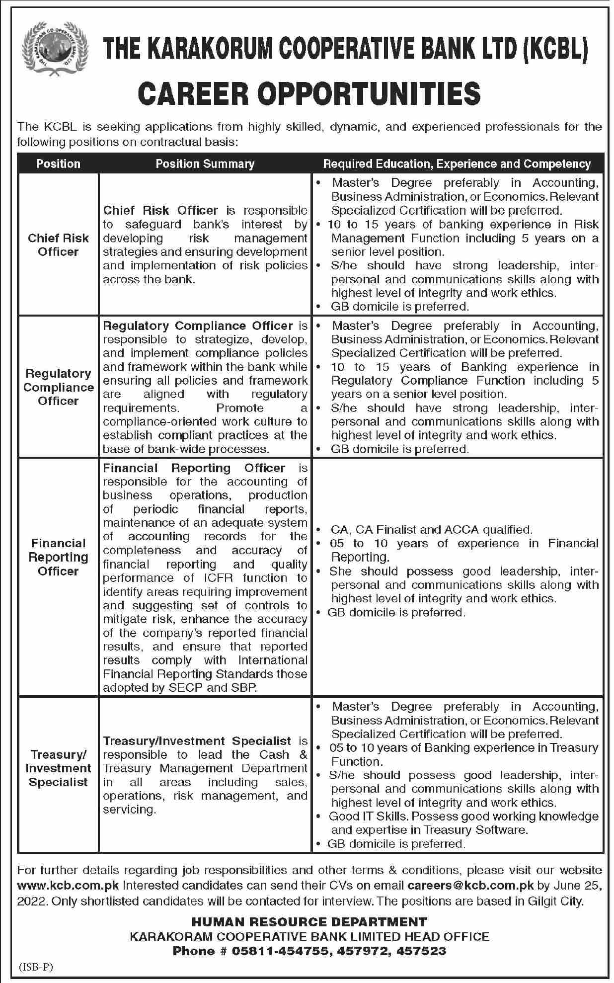 Chief Risk Officer Jobs in The Karakoram Cooperative Bank Limited (KCBL ...