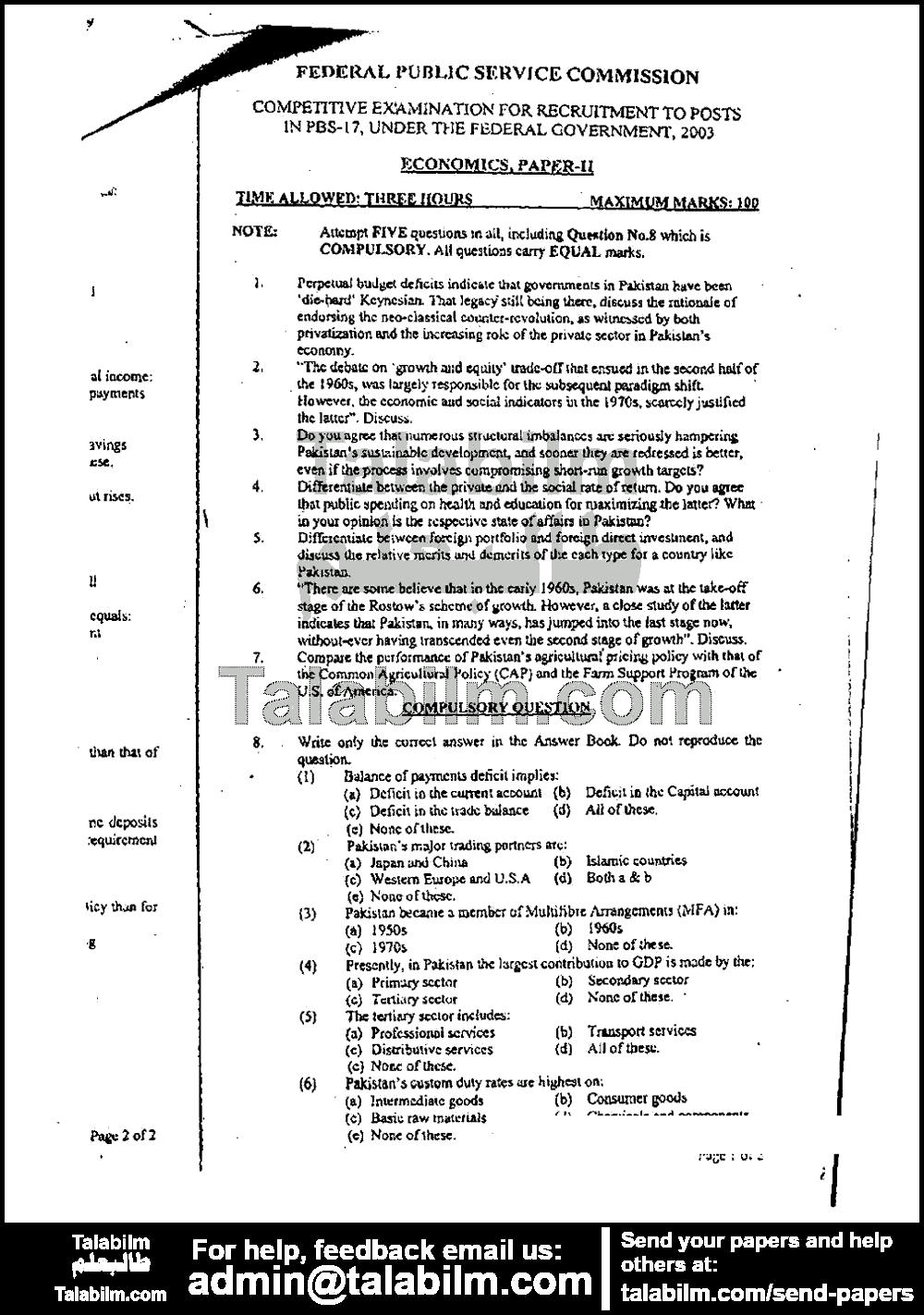 Economics 0 past paper for 2003 Page No. 3