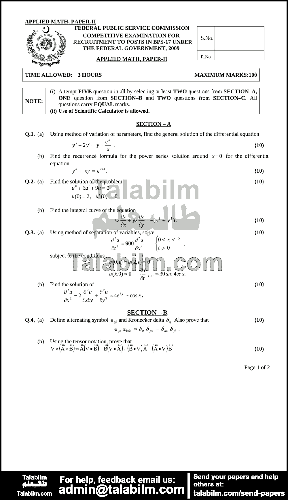 Applied Mathematics 0 past paper for 2009 Page No. 3