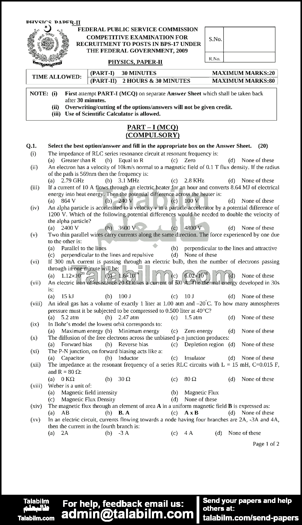 Physics 0 past paper for 2009 Page No. 3