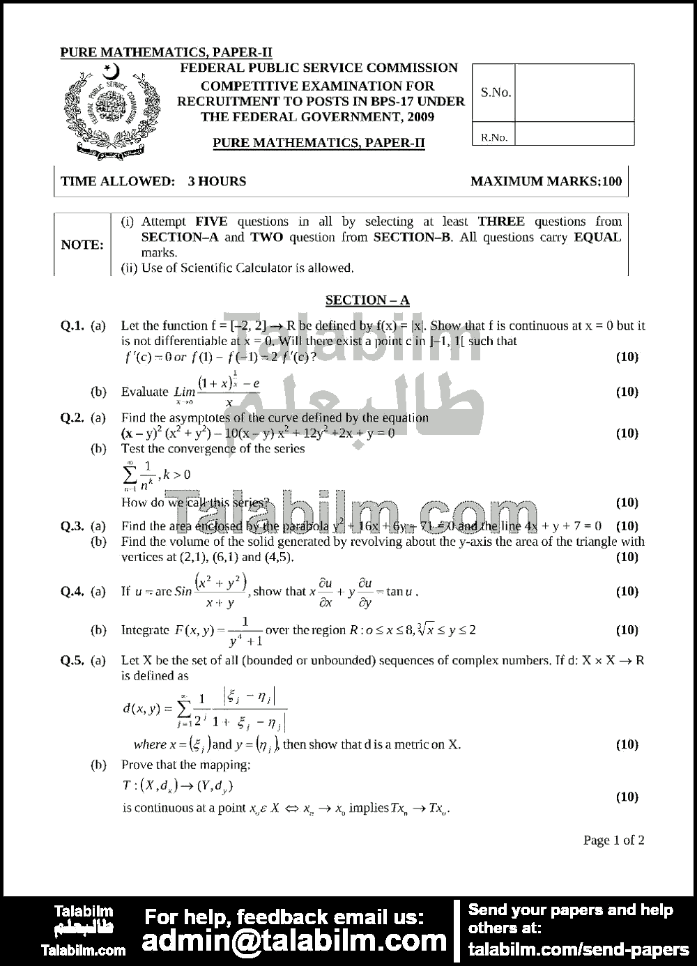 Pure Mathematics 0 past paper for 2009 Page No. 3