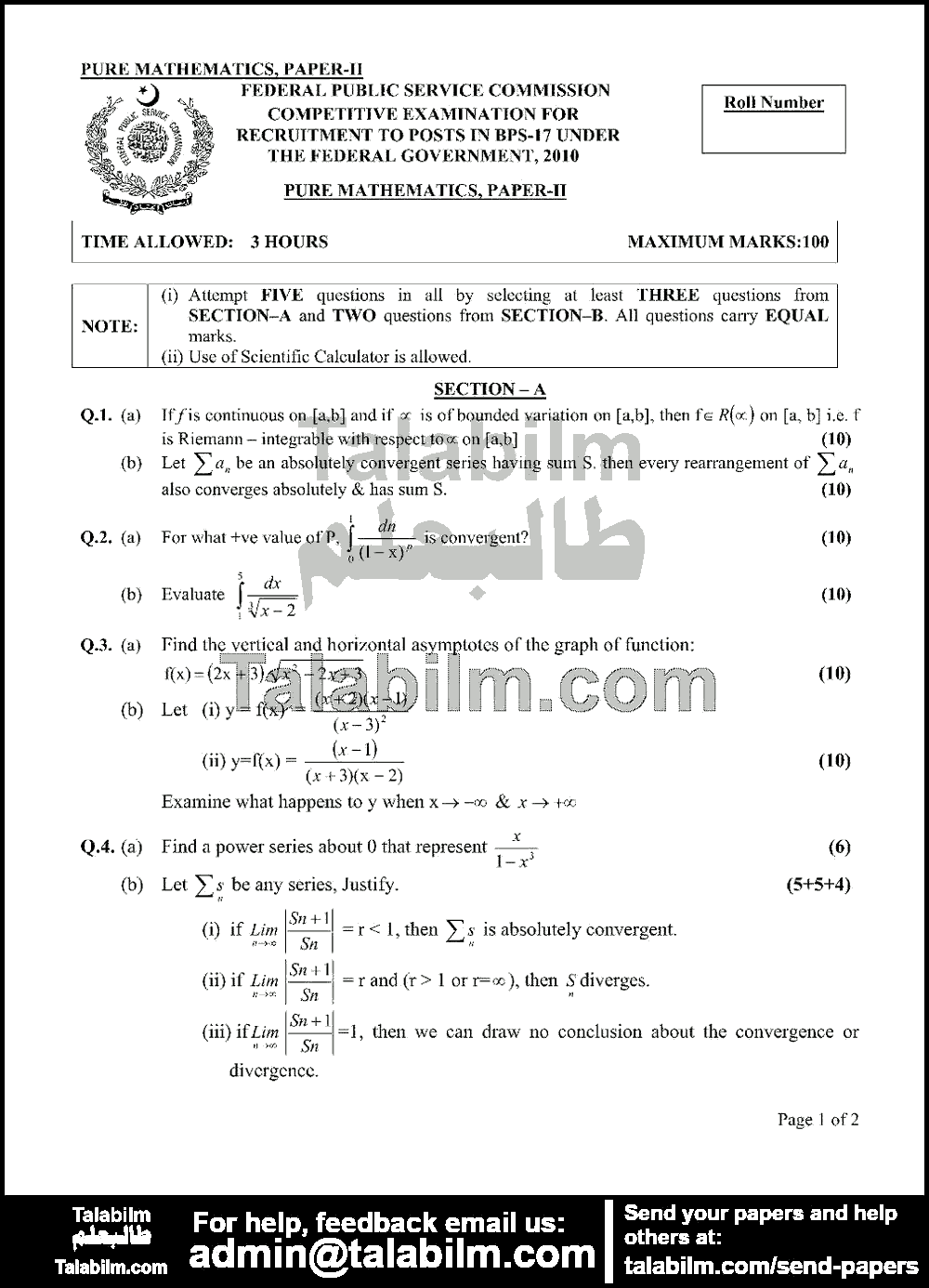 Pure Mathematics 0 past paper for 2010 Page No. 2