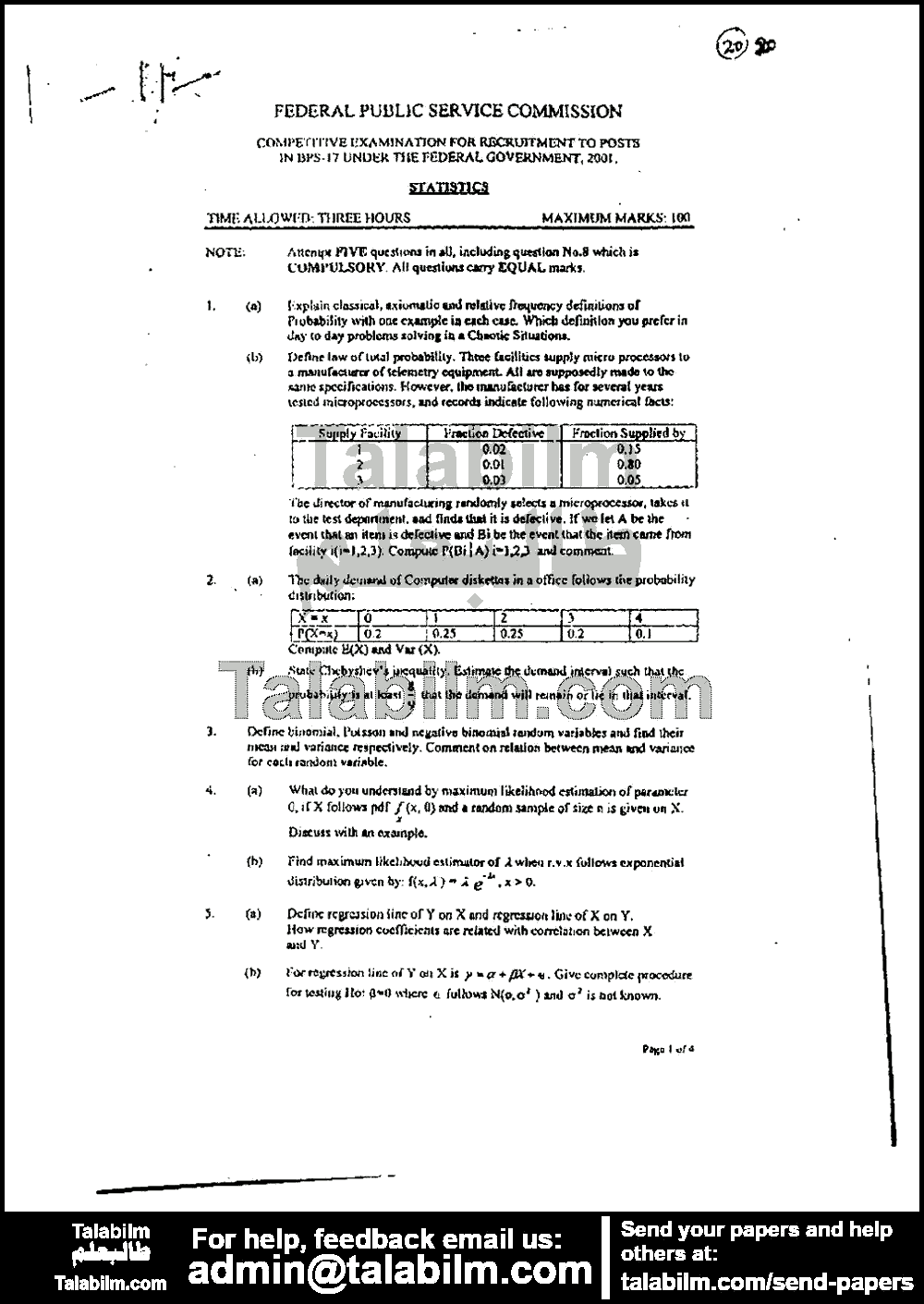 Statistics 0 past paper for 2001