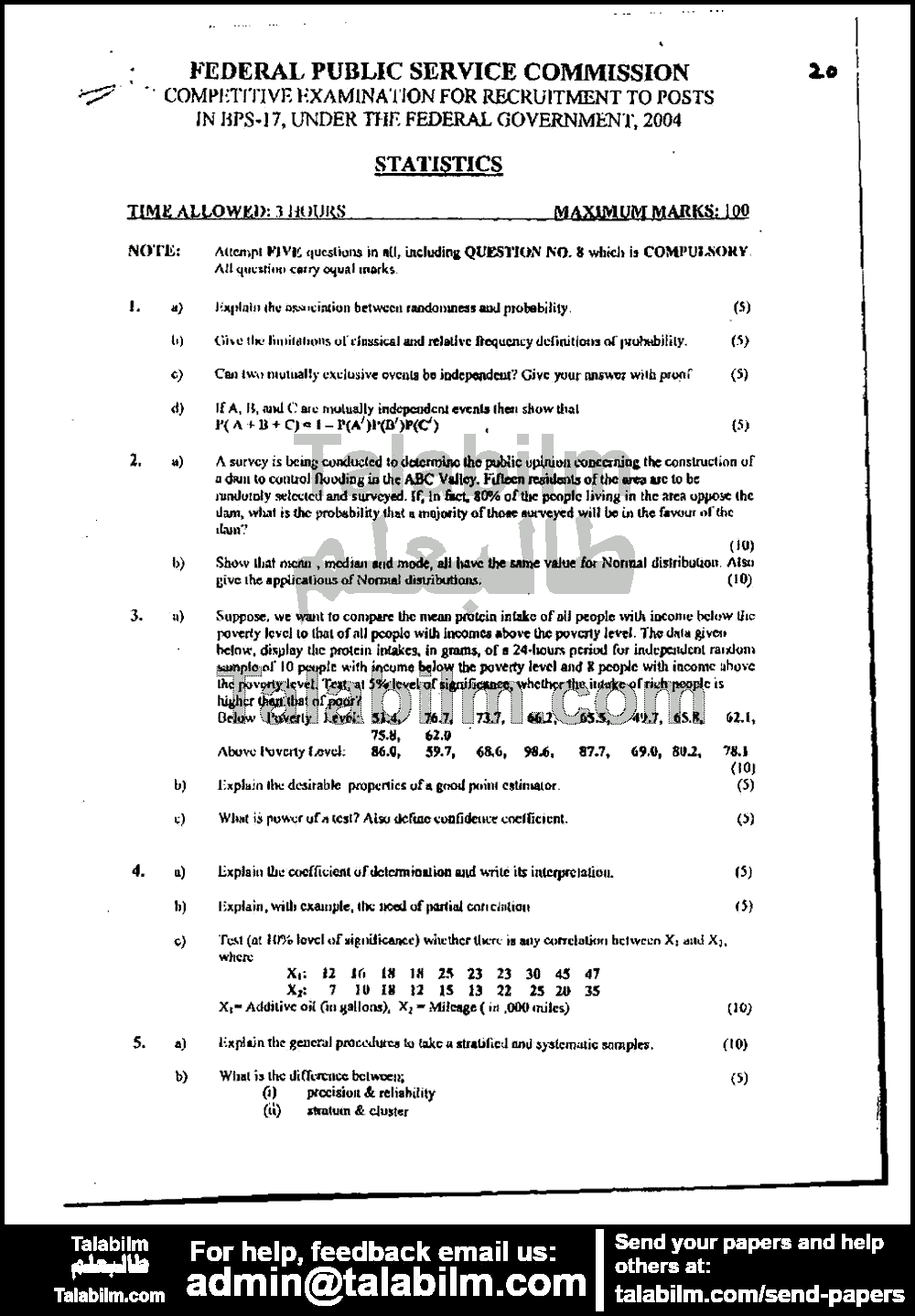 Statistics 0 past paper for 2004