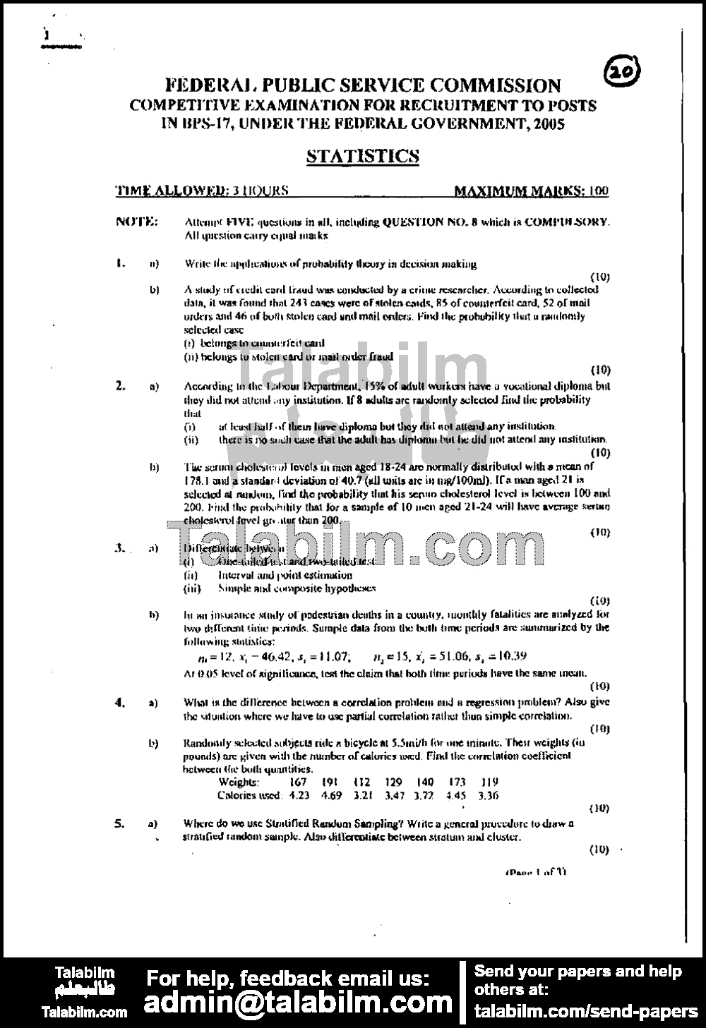 Statistics 0 past paper for 2005