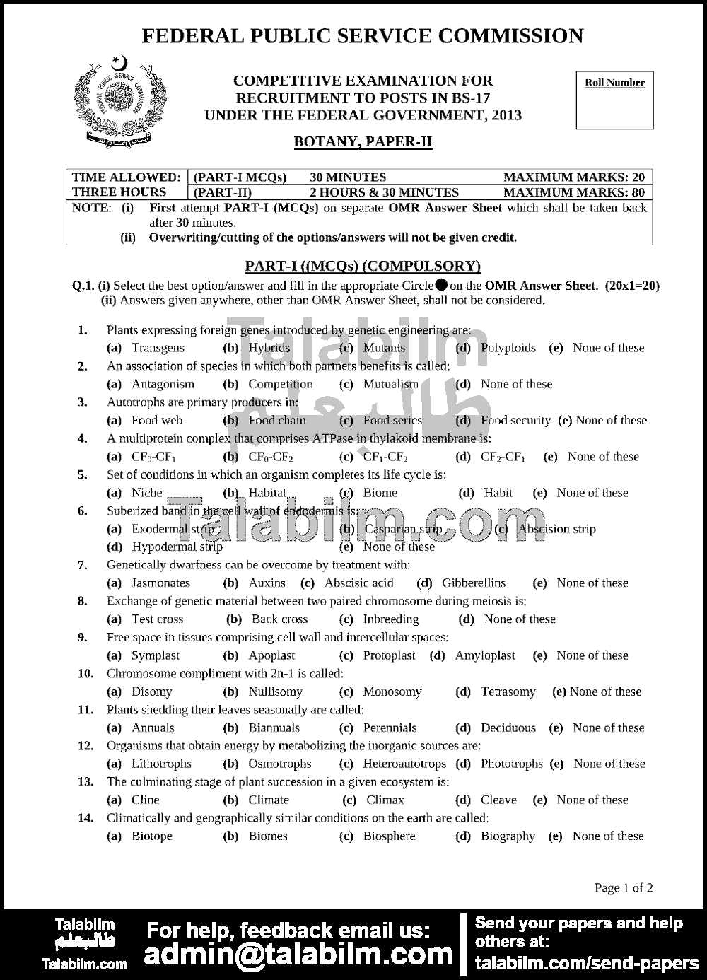 Botany 0 past paper for 2013 Page No. 3