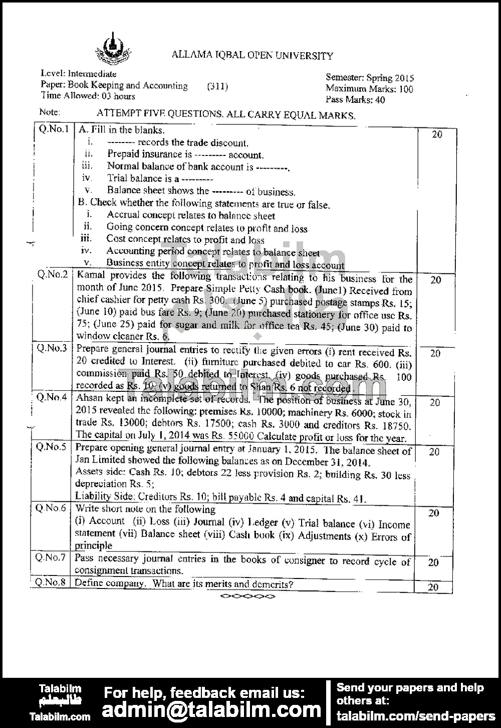 Book Keeping and Accountancy 311 past paper for Spring 2015 Page No. 2