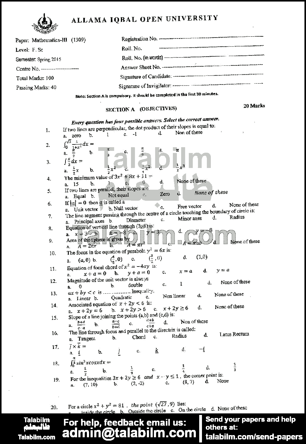 Mathematics-III 1309 past paper for Spring 2015 Page No. 3