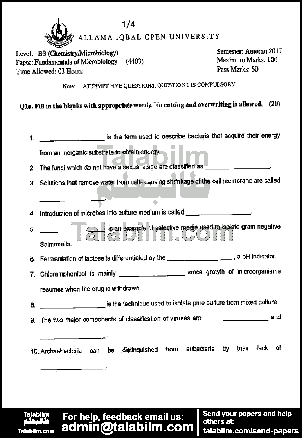 Fundamentals of Microbiology 4403 past paper for Autumn 2017