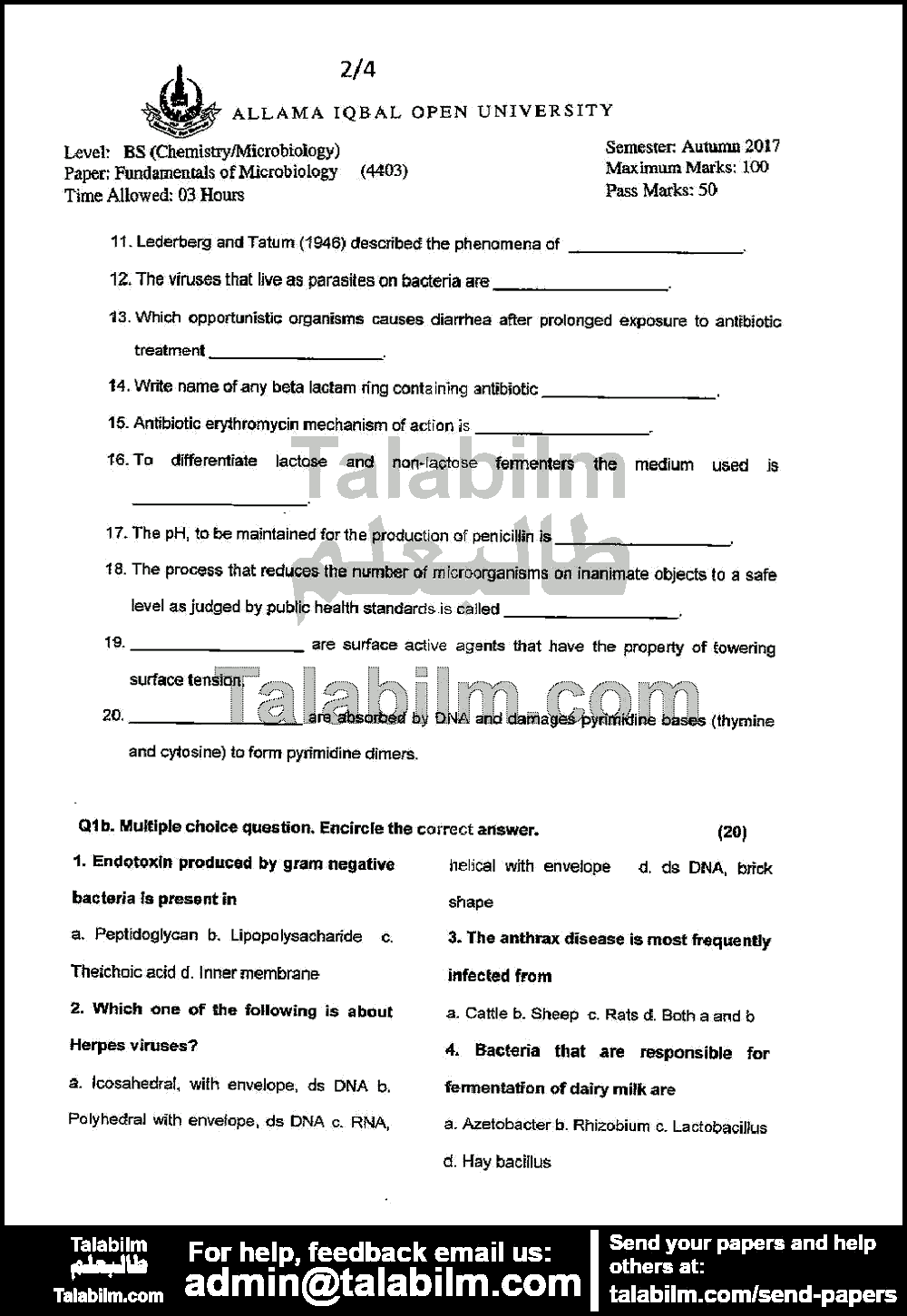 Fundamentals of Microbiology 4403 past paper for Autumn 2017 Page No. 2