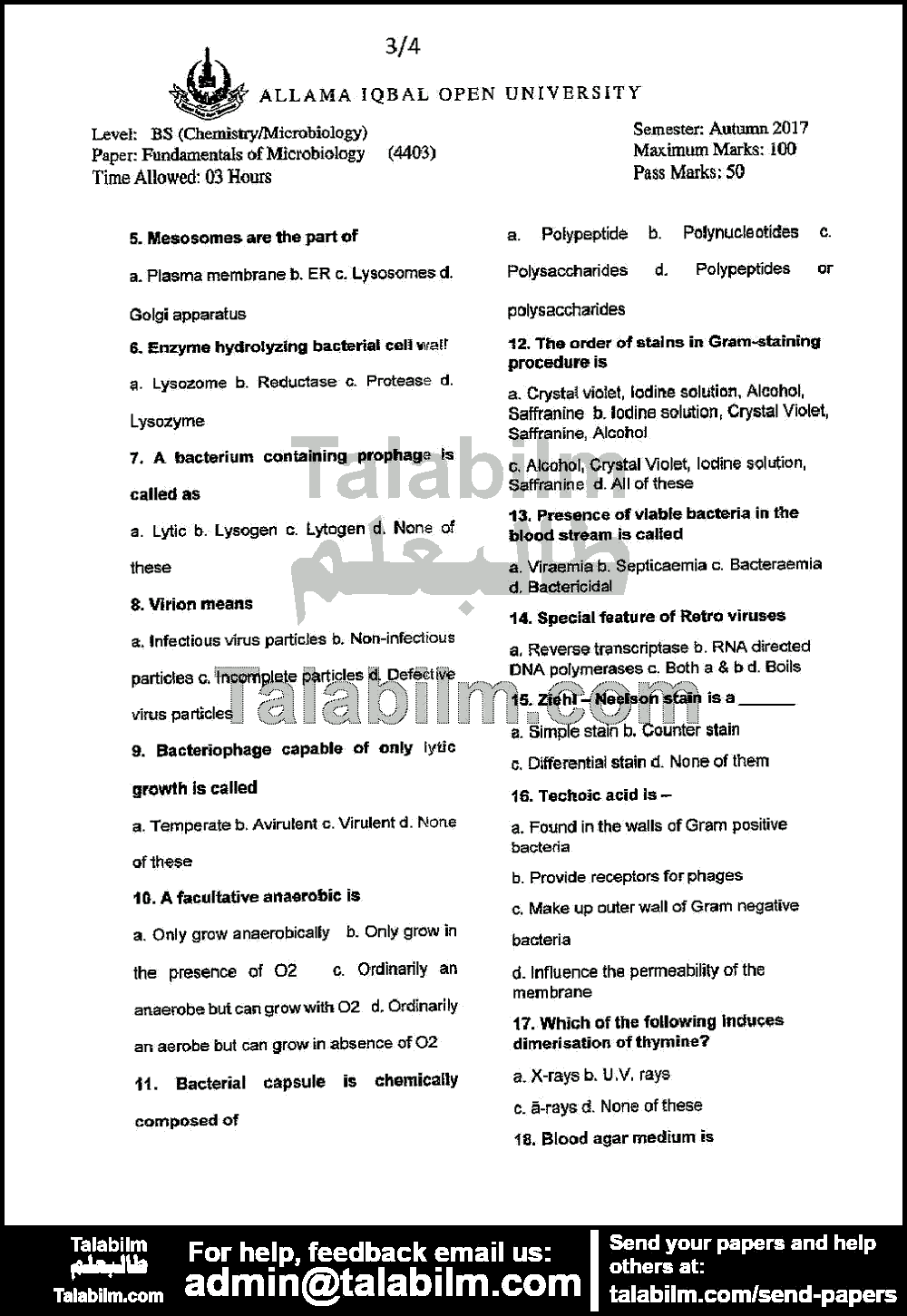 Fundamentals of Microbiology 4403 past paper for Autumn 2017 Page No. 3