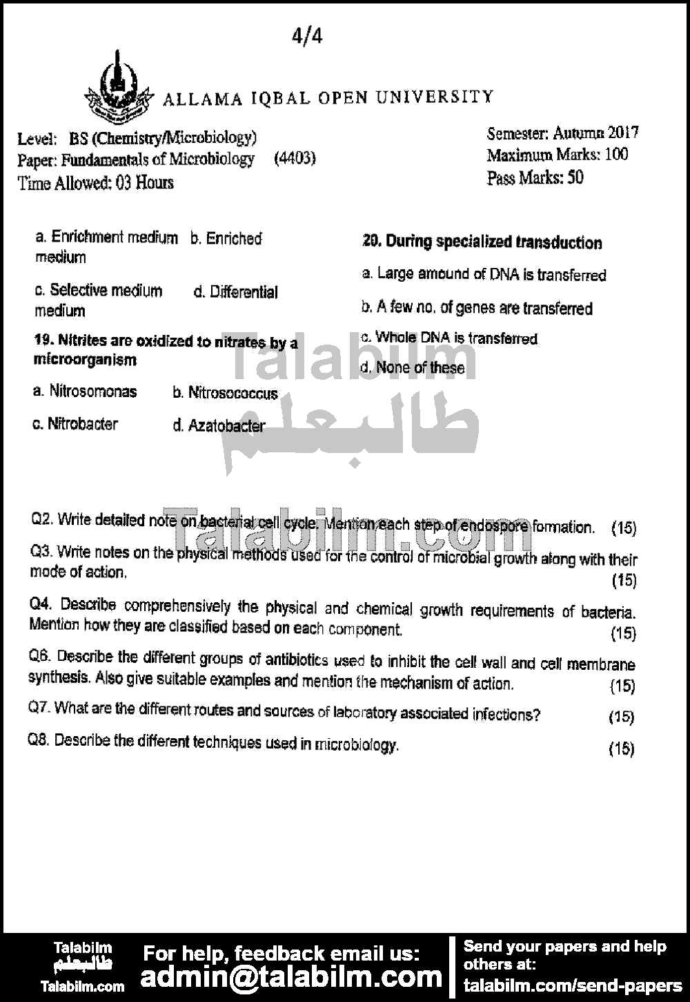 Fundamentals of Microbiology 4403 past paper for Autumn 2017 Page No. 4