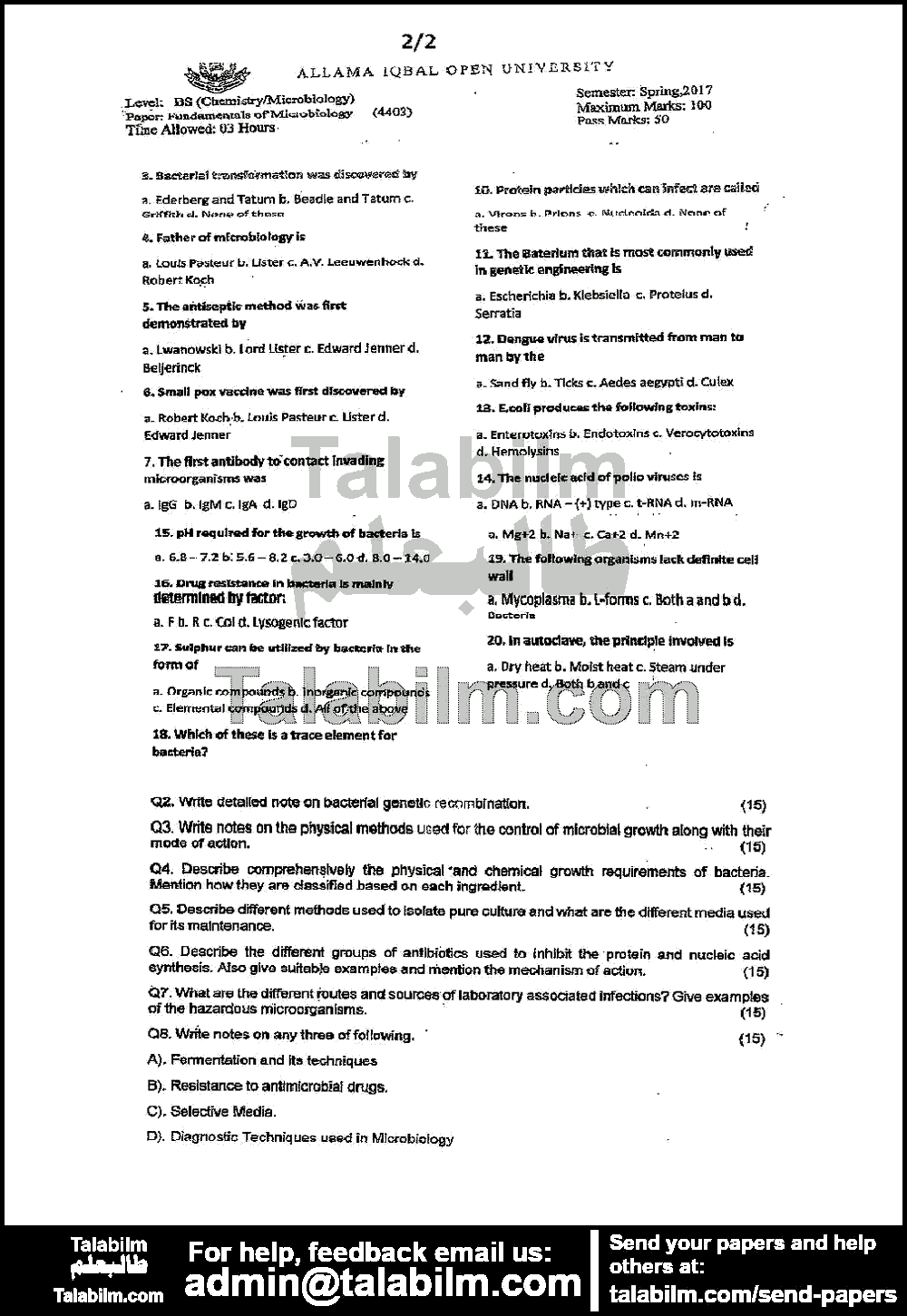 Fundamentals of Microbiology 4403 past paper for Spring 2017 Page No. 2