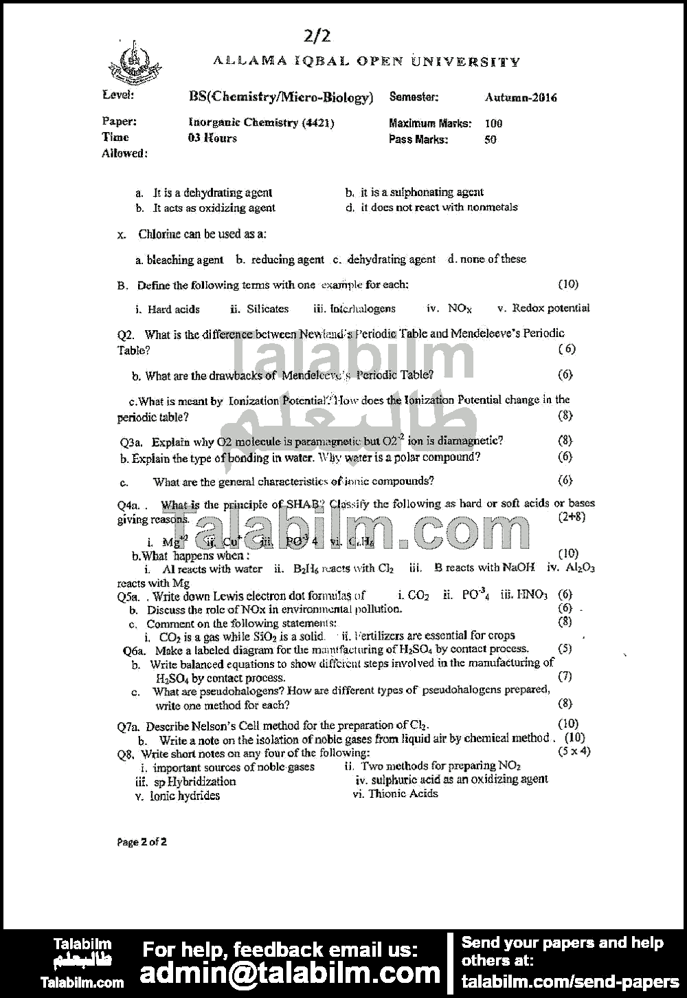 Inorganic Chemistry 4421 past paper for Autumn 2016 Page No. 2