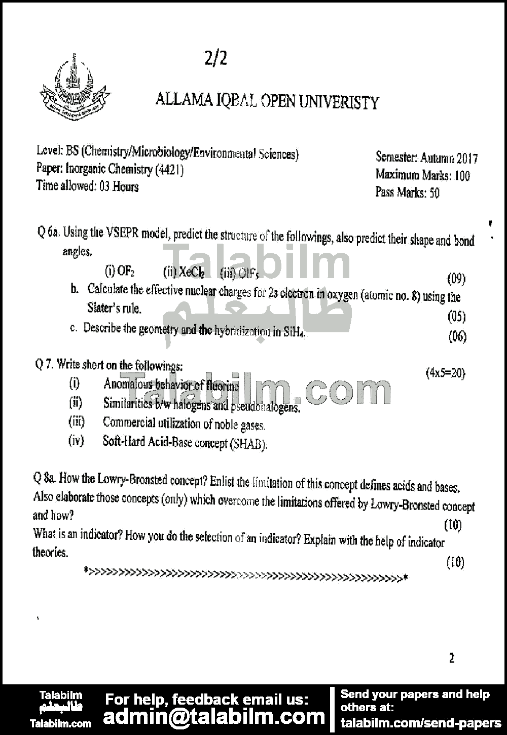 Inorganic Chemistry 4421 past paper for Autumn 2017 Page No. 2