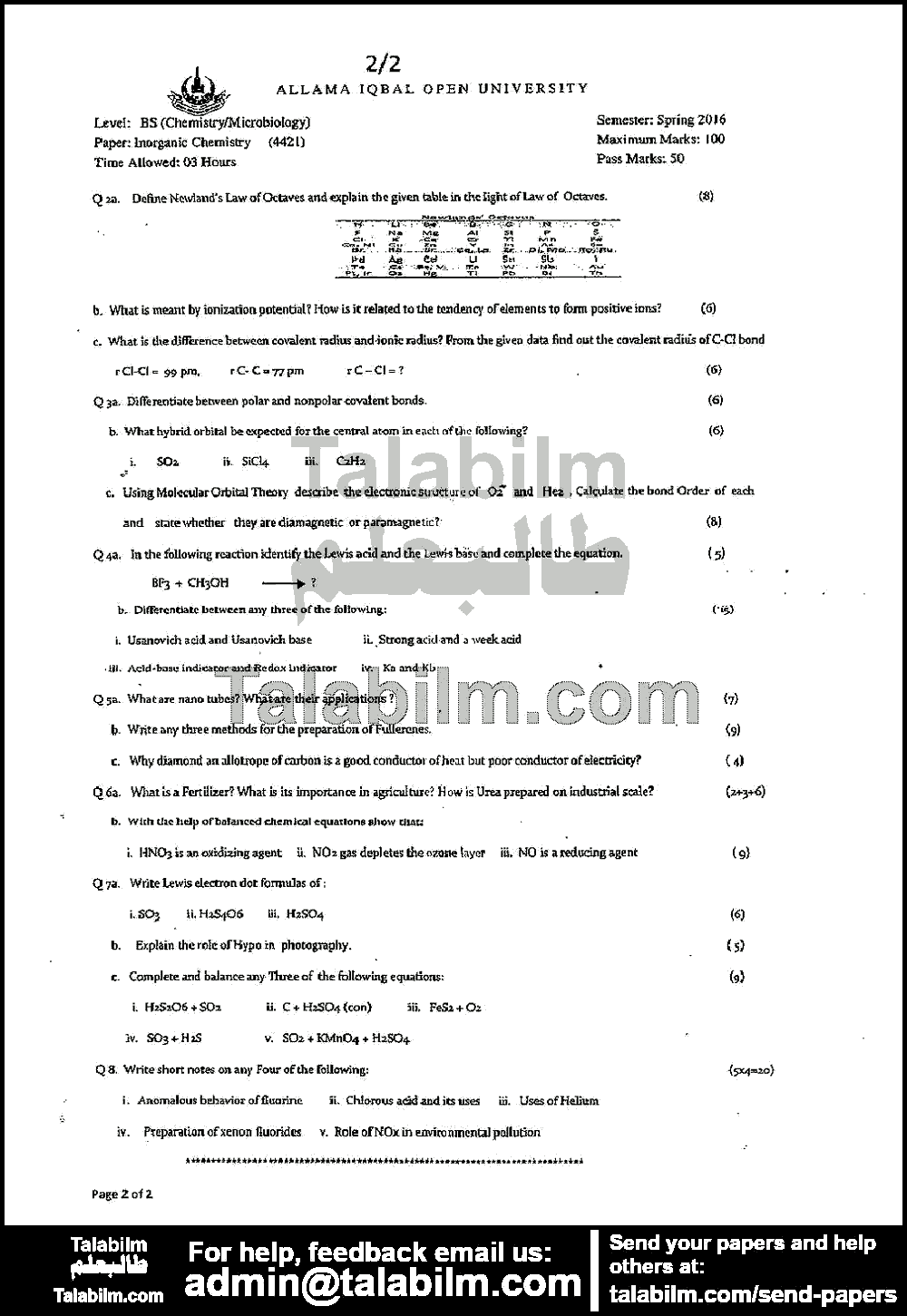 Inorganic Chemistry 4421 past paper for Spring 2016 Page No. 2
