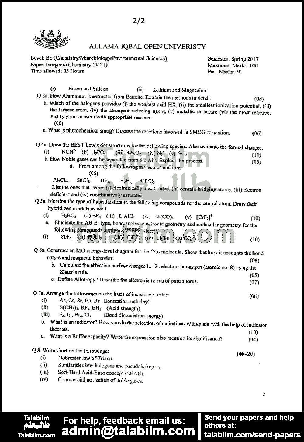 Inorganic Chemistry 4421 past paper for Spring 2017 Page No. 2