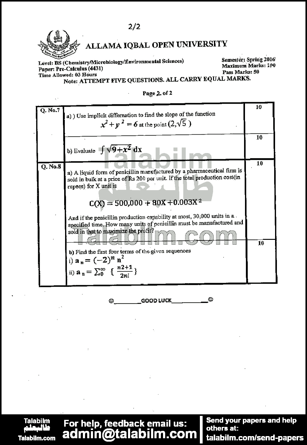 Pre-Calculus 4431 past paper for Spring 2016 Page No. 2