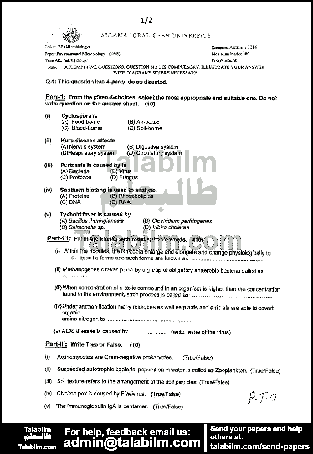 Environmental Microbiology 4445 past paper for Autumn 2016