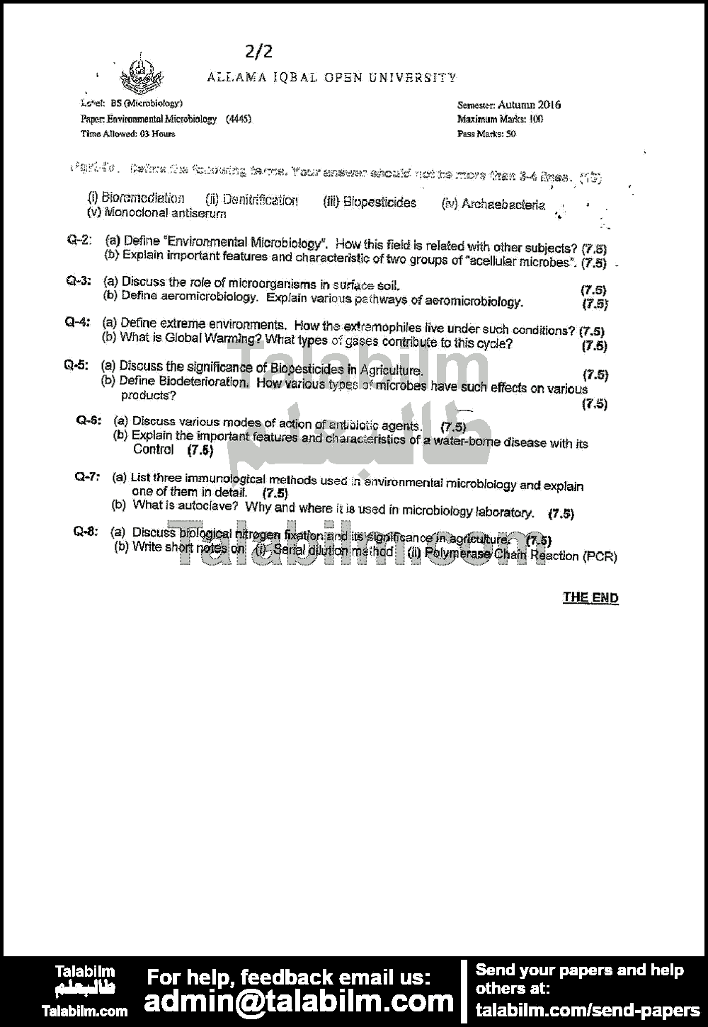 Environmental Microbiology 4445 past paper for Autumn 2016 Page No. 2