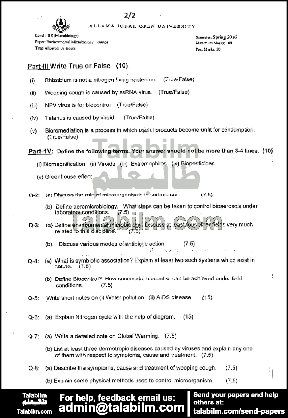 Environmental Microbiology 4445 past paper for Spring 2016 Page No. 2