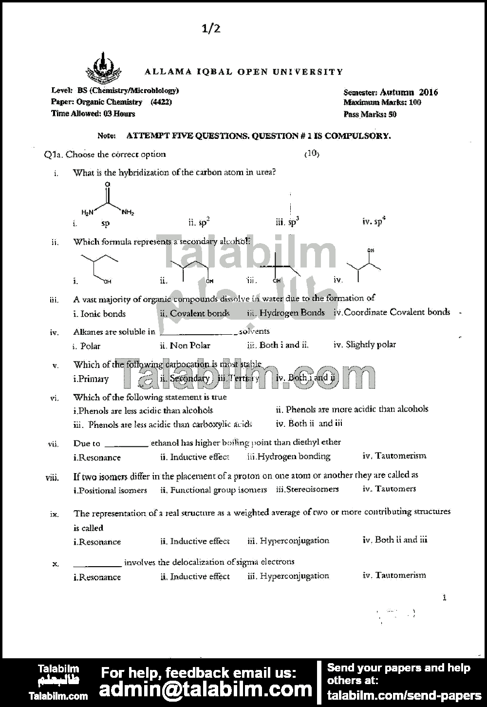 Organic Chemistry 4422 past paper for Autumn 2016