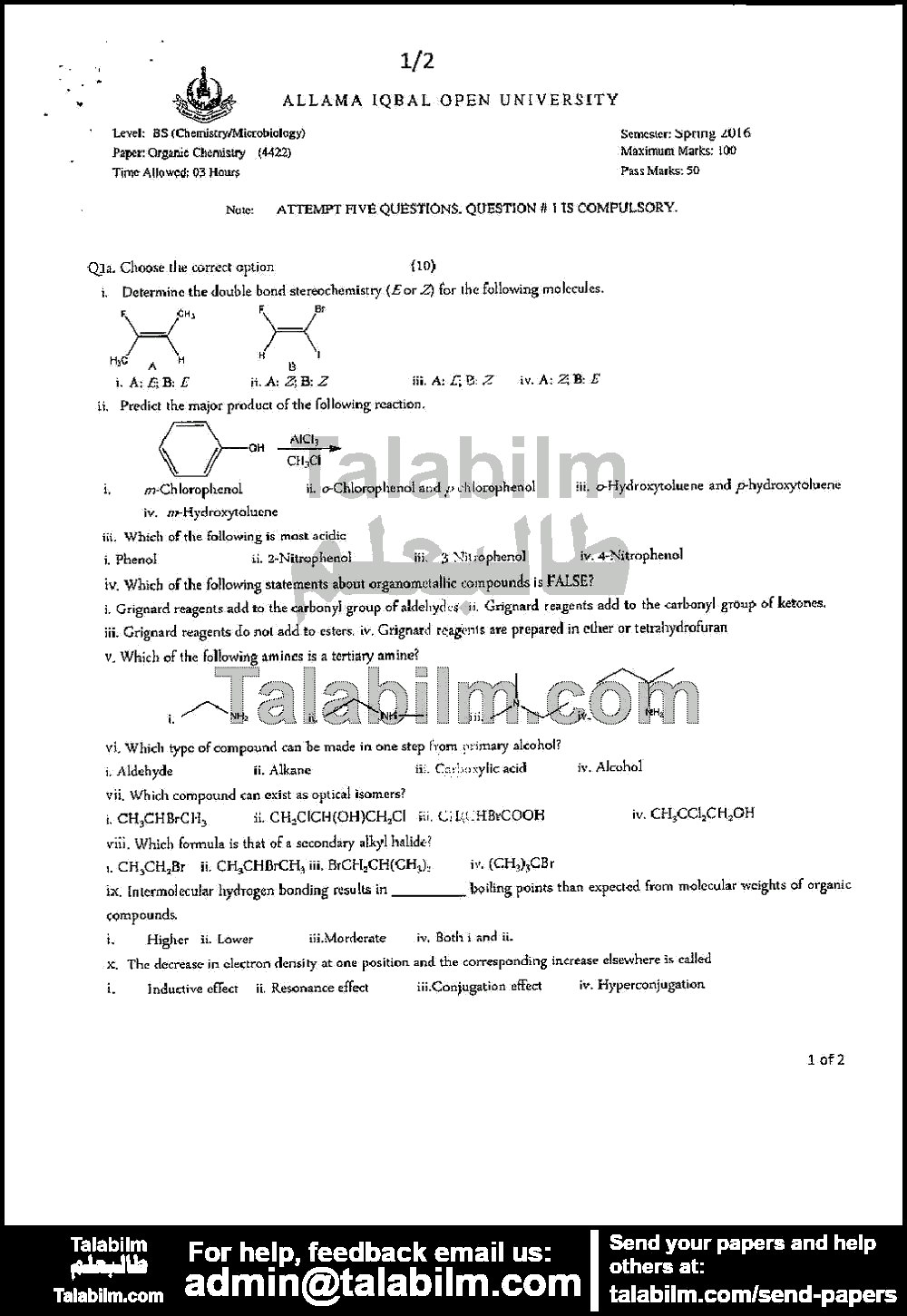 Organic Chemistry 4422 past paper for Spring 2016