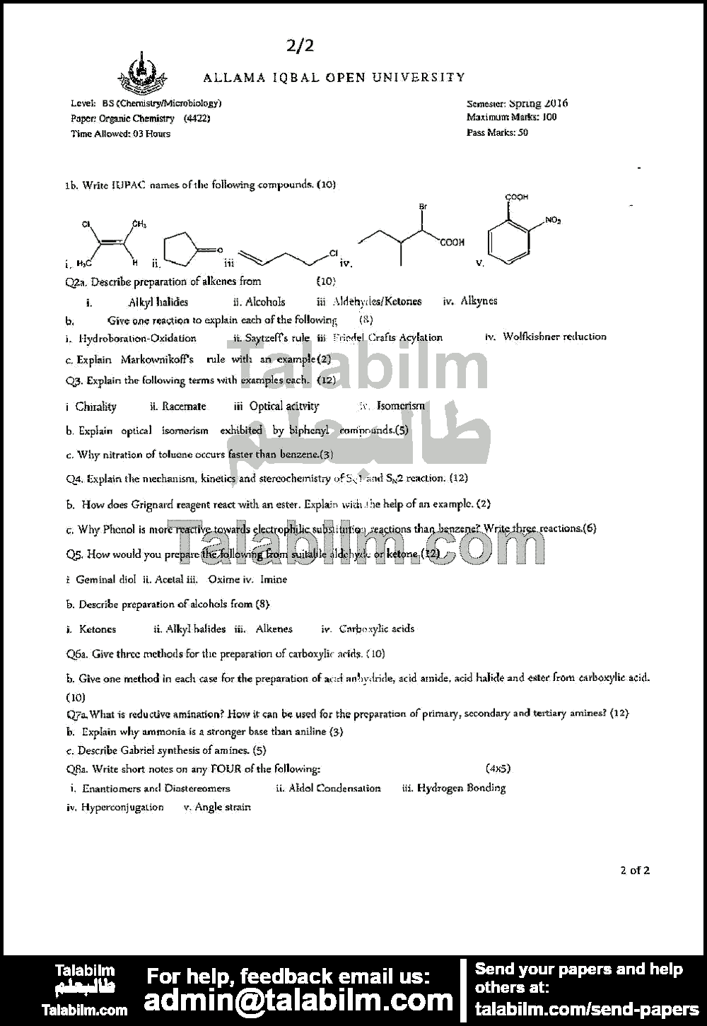 Organic Chemistry 4422 past paper for Spring 2016 Page No. 2