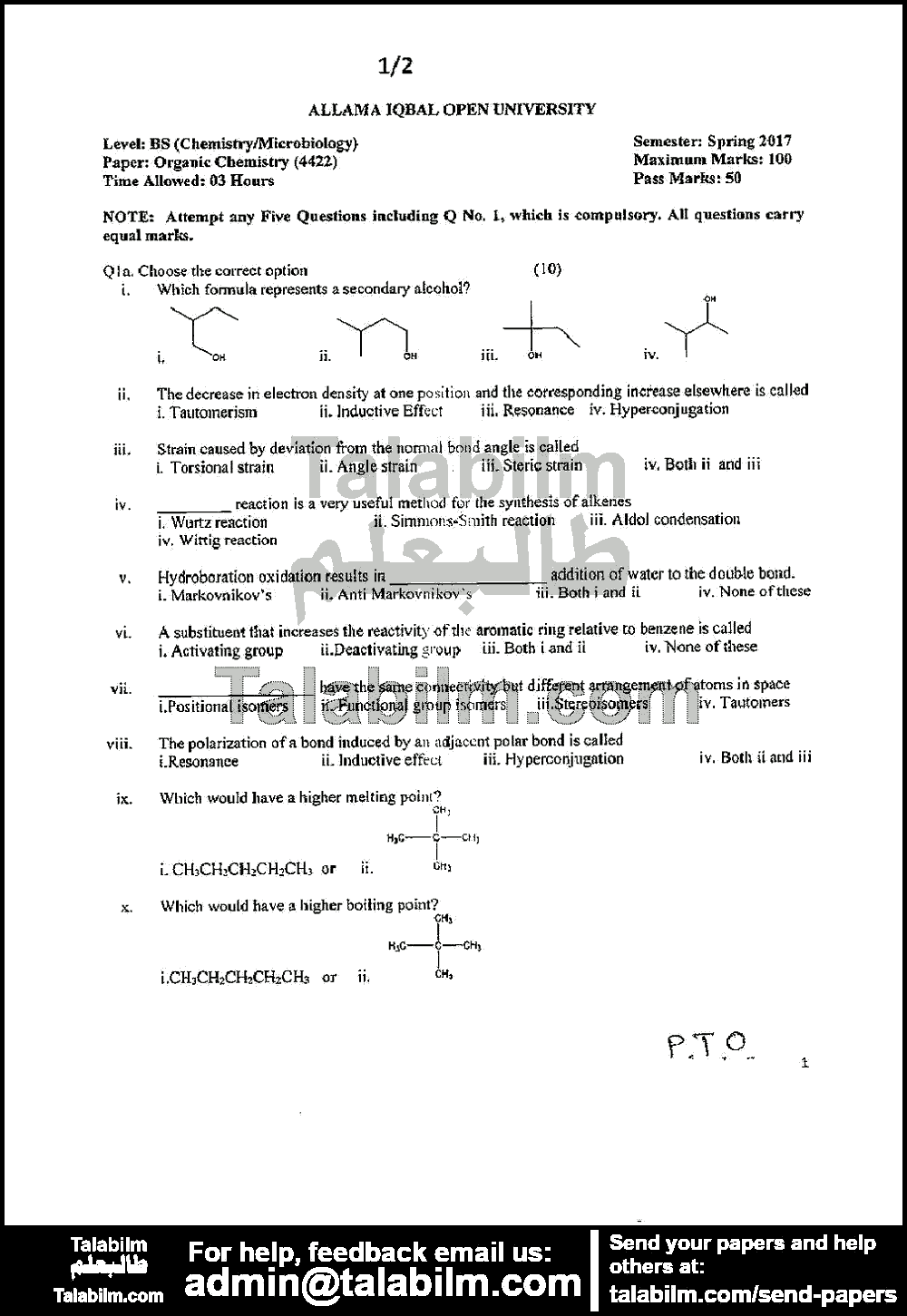 Organic Chemistry 4422 past paper for Spring 2017