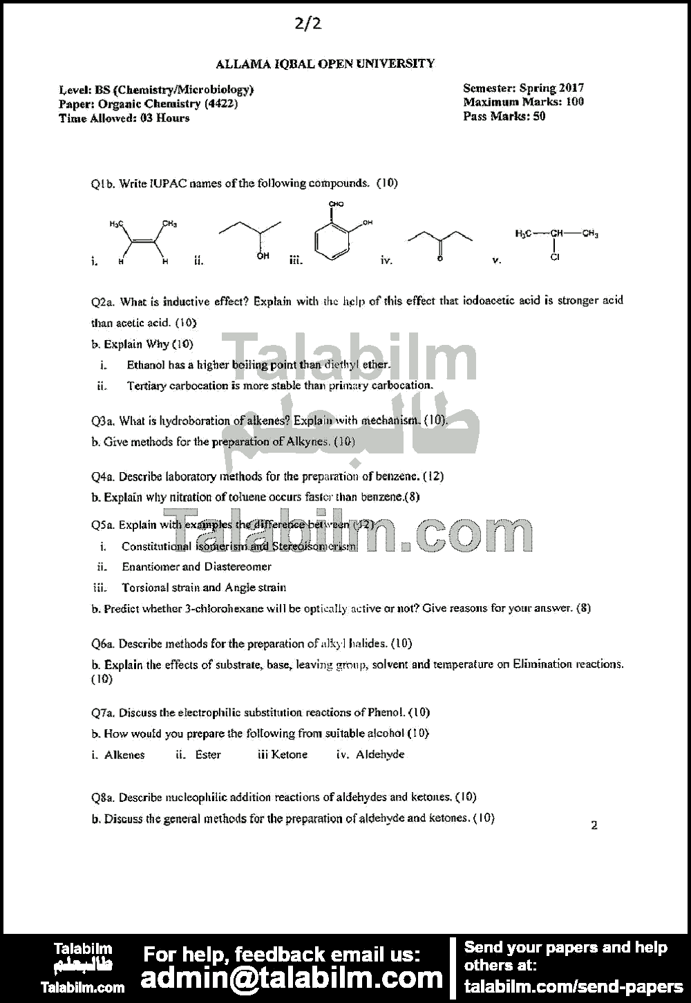 Organic Chemistry 4422 past paper for Spring 2017 Page No. 2