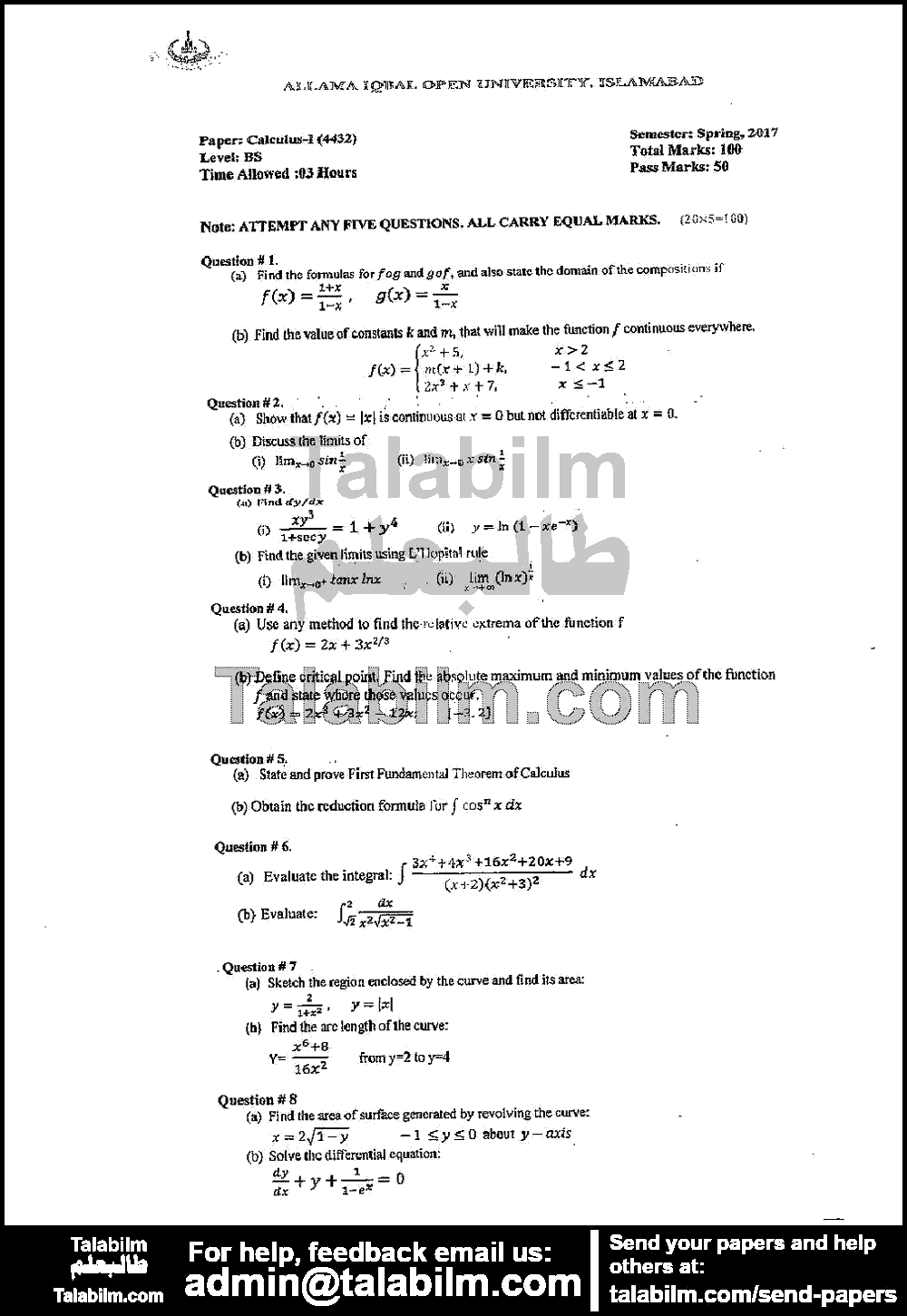 Calculus-I 4432 past paper for Spring 2017