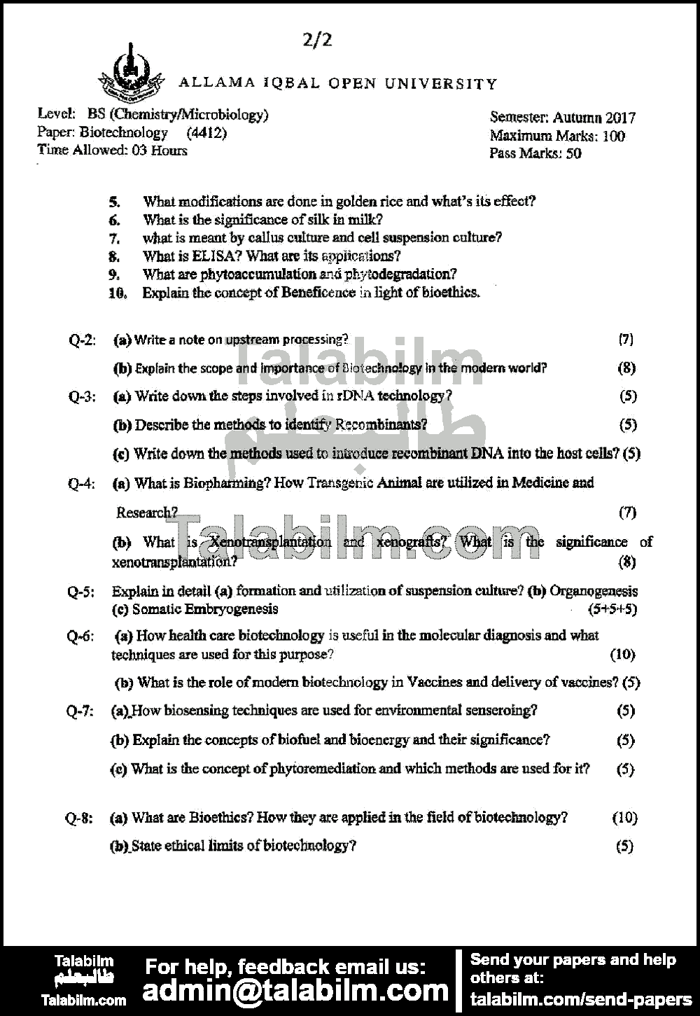 Biotechnology 4412 past paper for Autumn 2017 Page No. 2