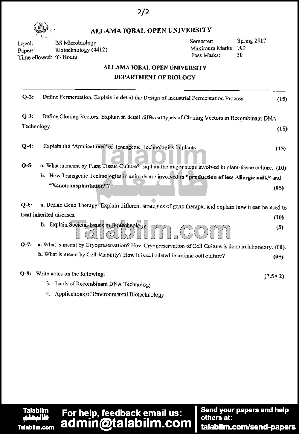 Biotechnology 4412 past paper for Spring 2017 Page No. 2