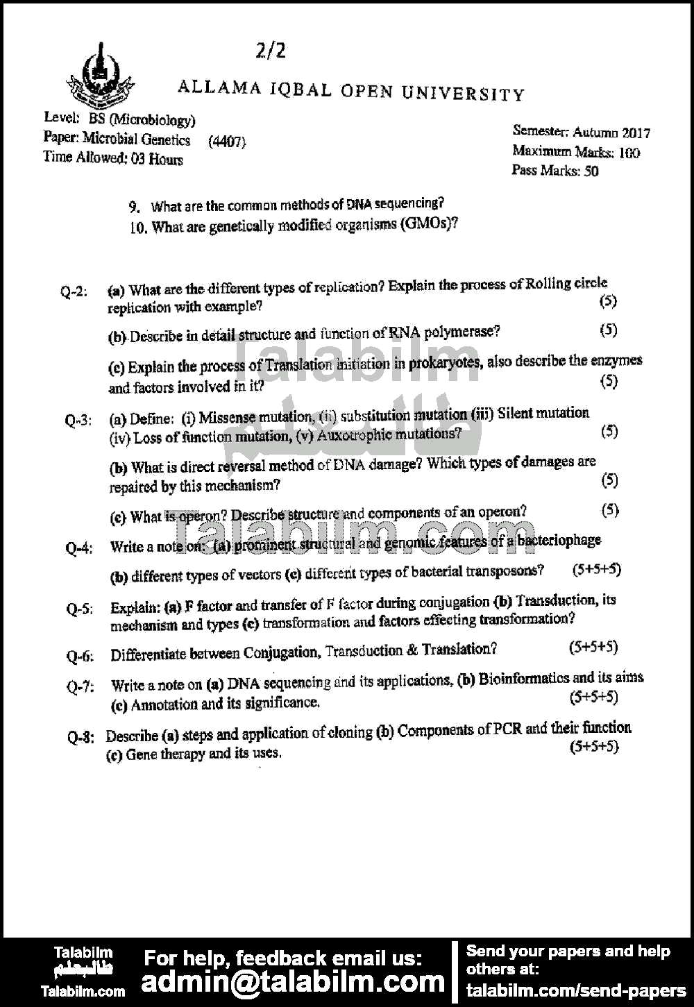 Microbial Genetics 4407 past paper for Autumn 2017 Page No. 2