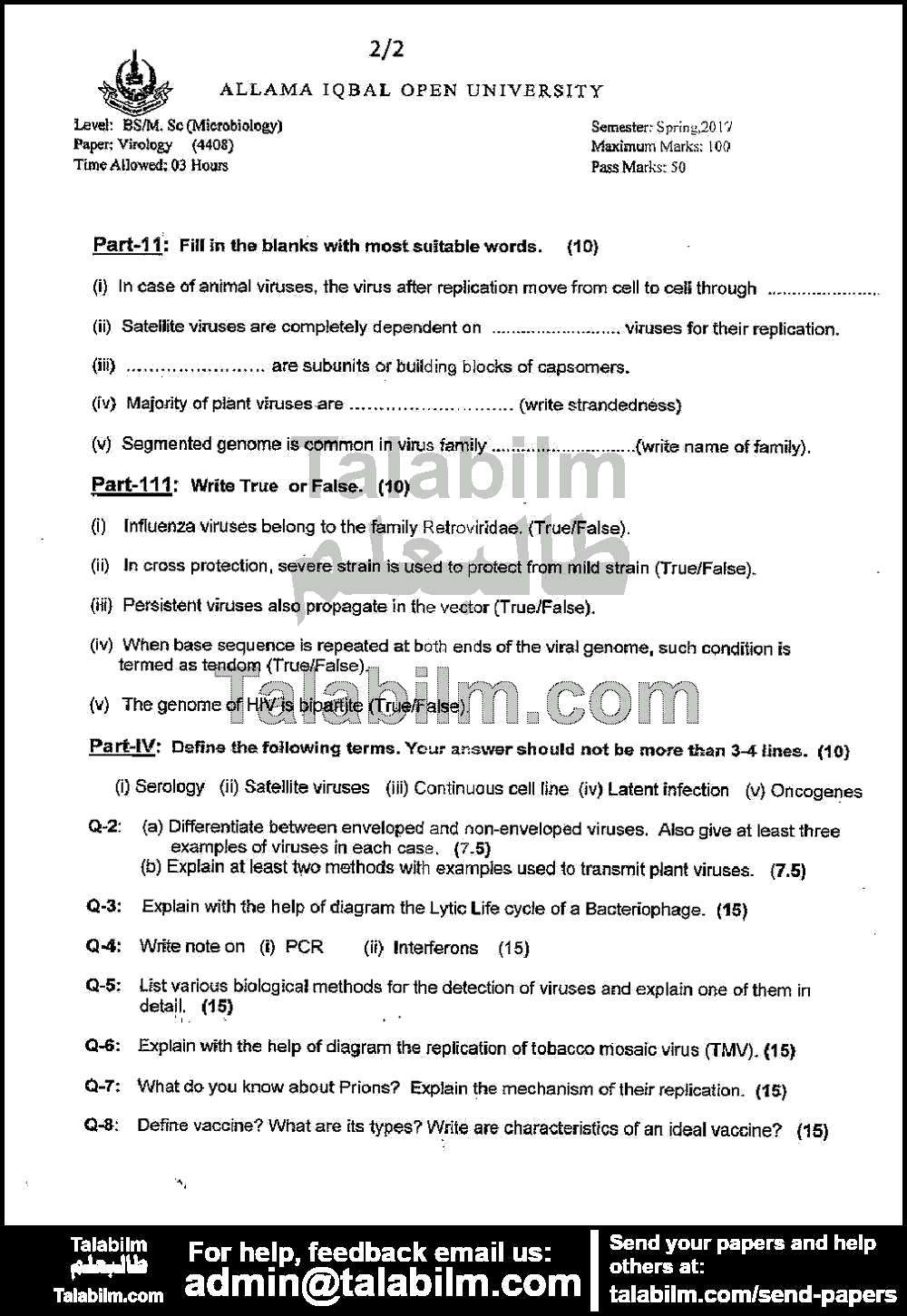 Virology 4408 past paper for Spring 2017 Page No. 2