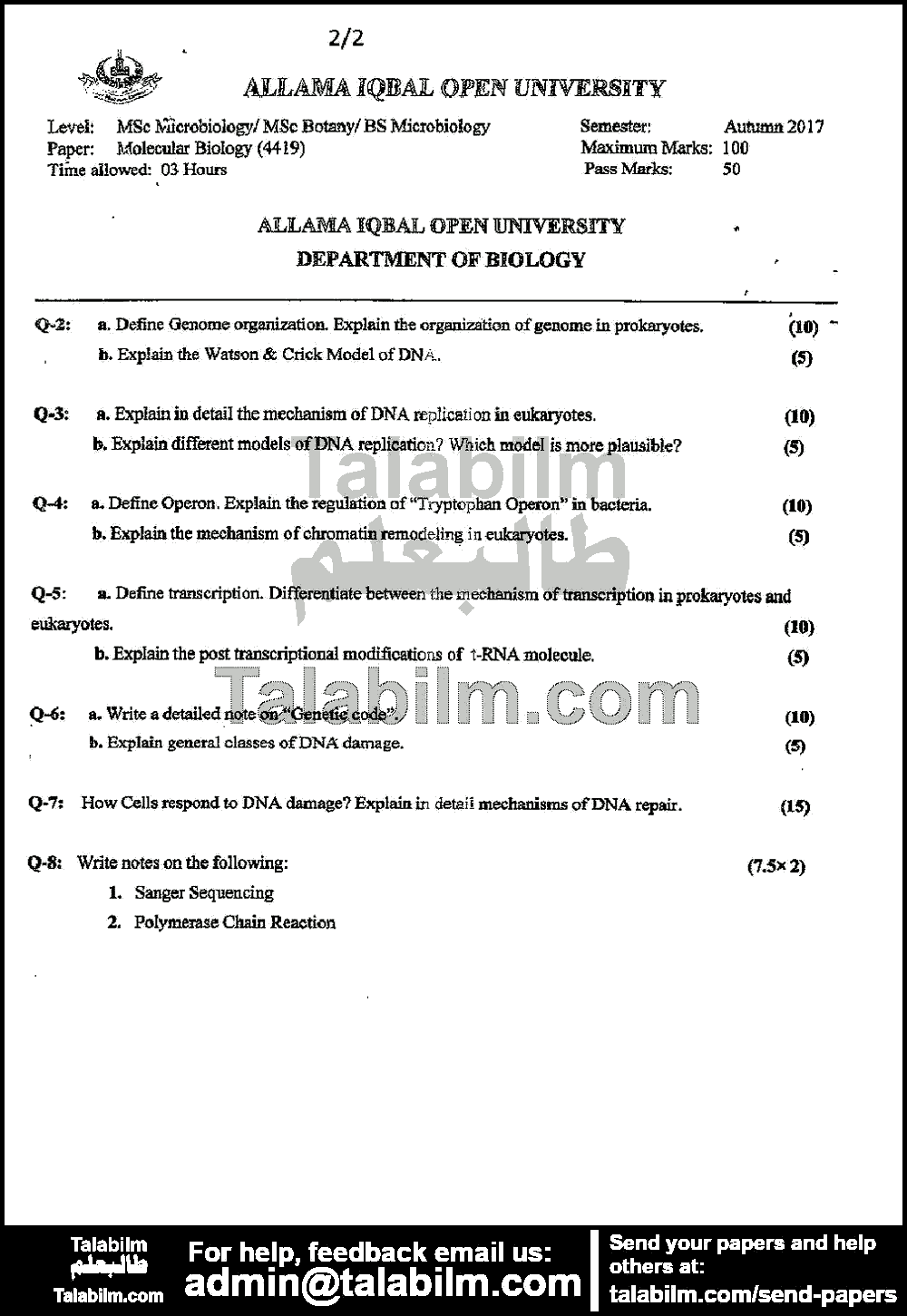 Molecular Biology 4419 past paper for Autumn 2017 Page No. 2