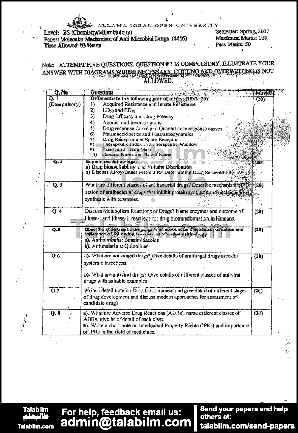 Molecular Mechanism of Antimicrobial Drugs 4416 past paper for Spring 2017