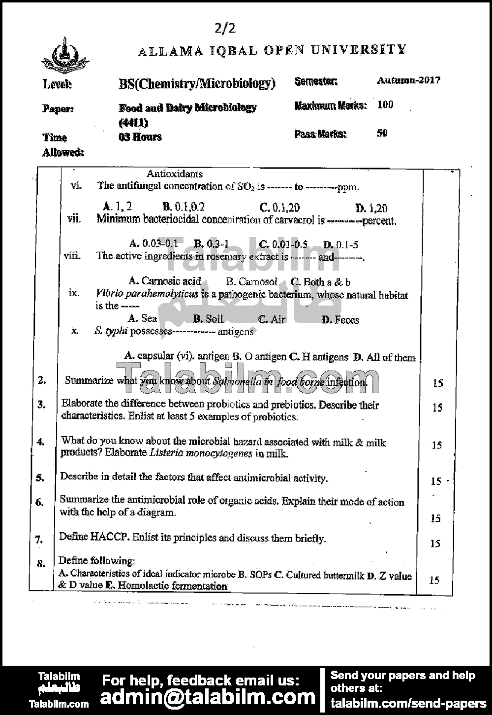 Food and Dairy Microbiology 4411 past paper for Autumn 2017 Page No. 2