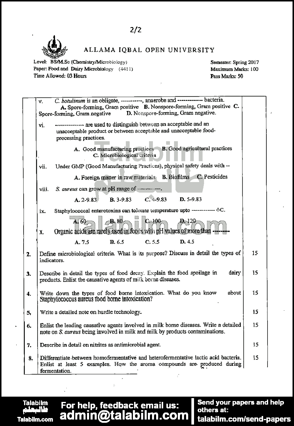 Food and Dairy Microbiology 4411 past paper for Spring 2017 Page No. 2