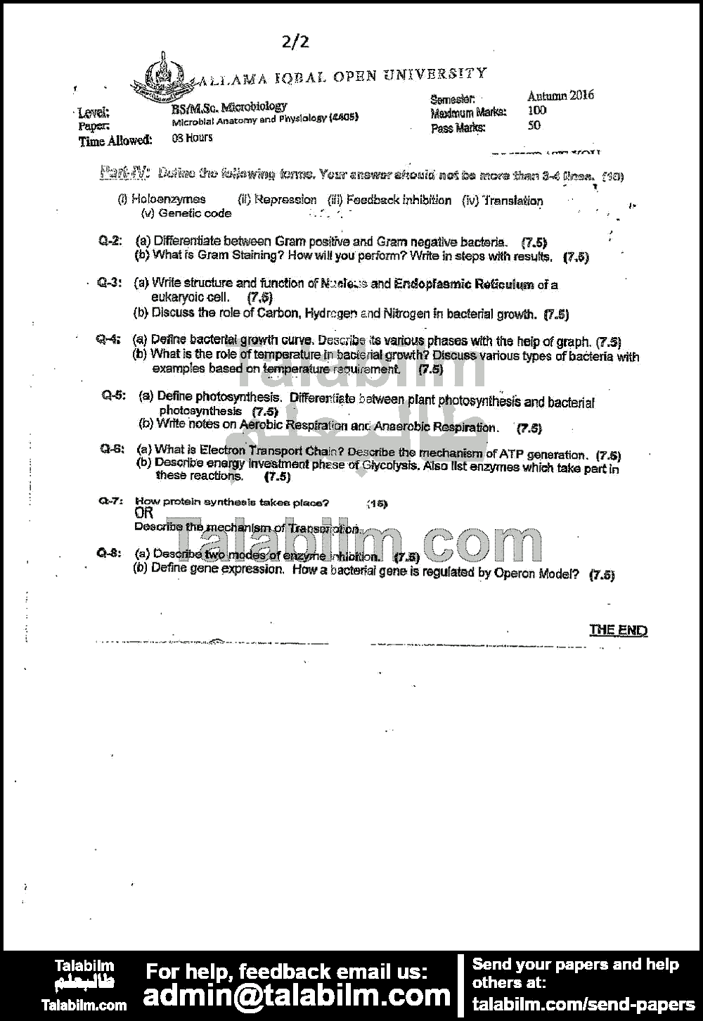 Microbial Anatomy and Physiology 4405 past paper for Autumn 2016 Page No. 2