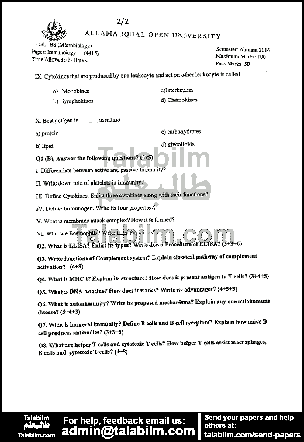 Immunology 4415 past paper for Autumn 2016 Page No. 3