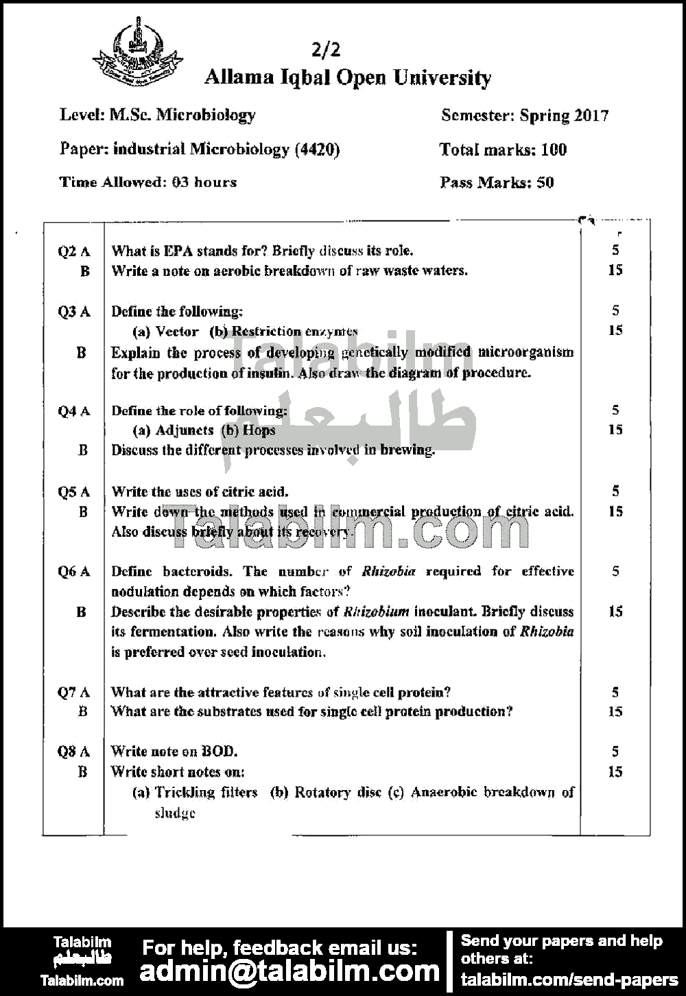 Industrial Microbiology 4420 past paper for Spring 2017 Page No. 2