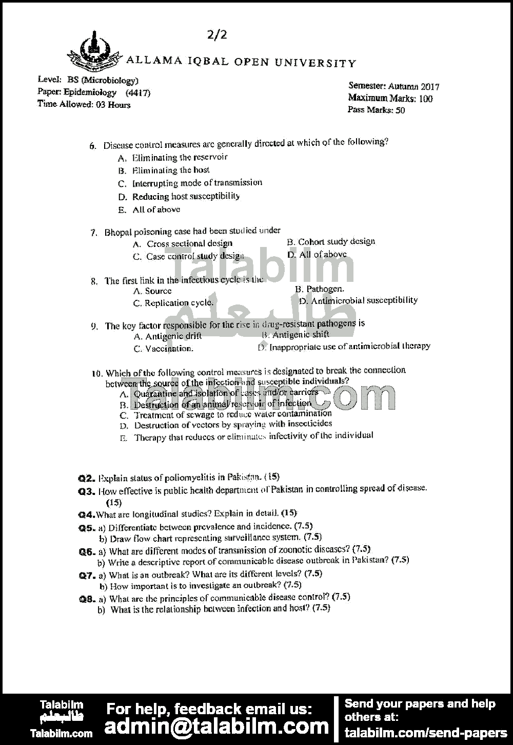 Epidemiology 4417 past paper for Autumn 2017 Page No. 2