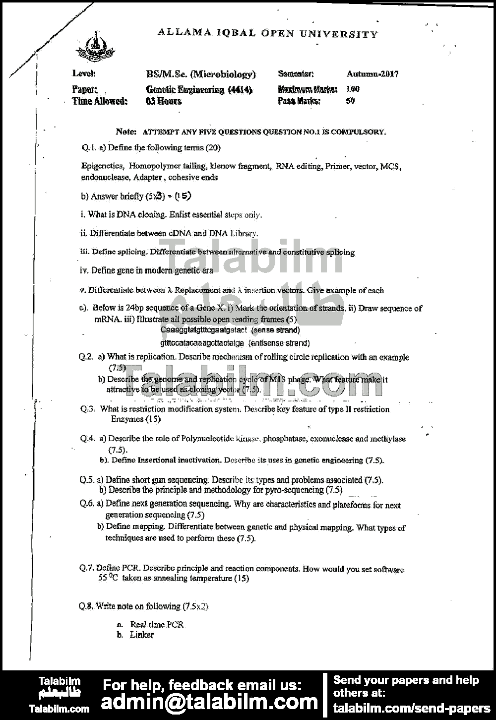 Genetic Engineering 4414 past paper for Autumn 2017