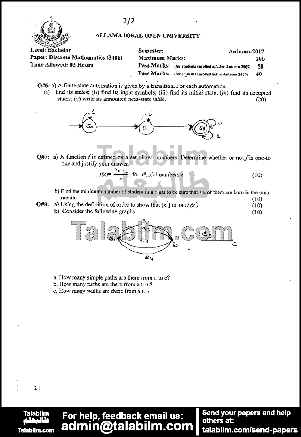 Discrete Mathematics 3406 past paper for Autumn 2017 Page No. 2