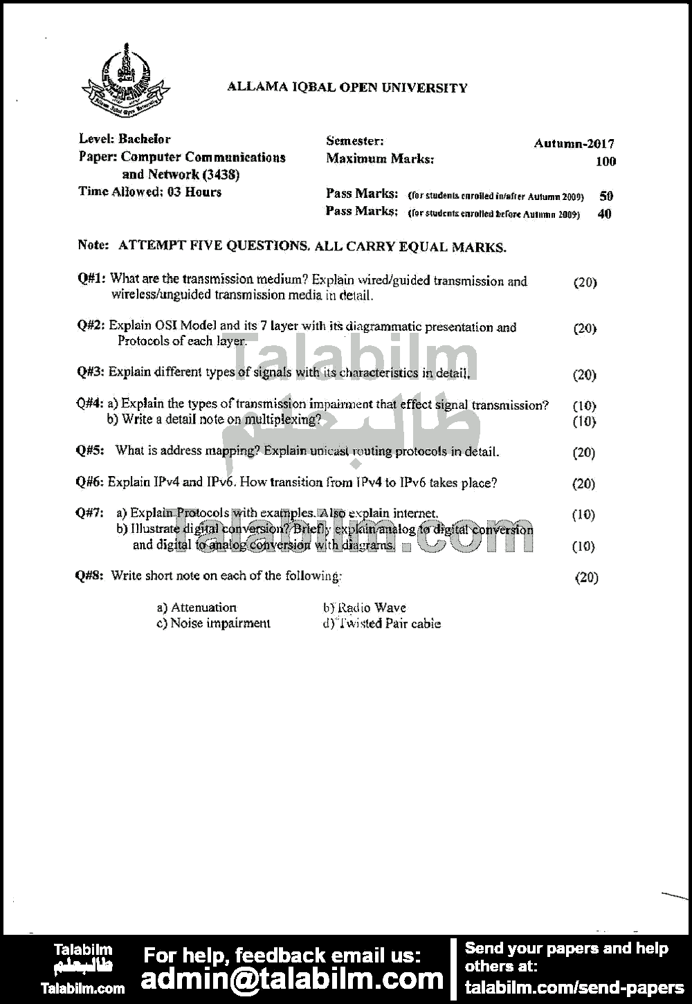 Computer Communications Networks Code No 3438 Autumn 2017 Past 