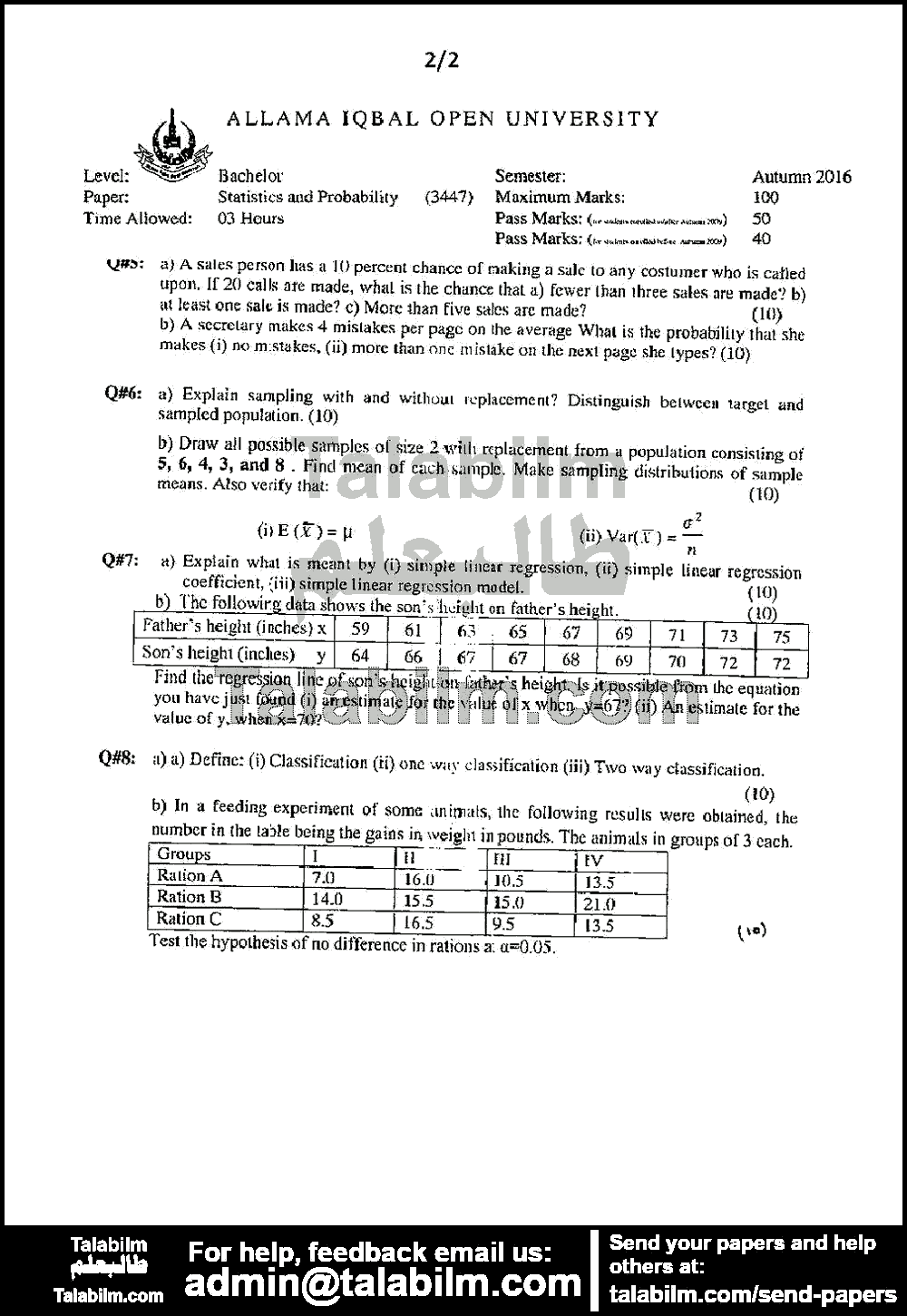 Statistics & Probability 3447 past paper for Autumn 2016 Page No. 2