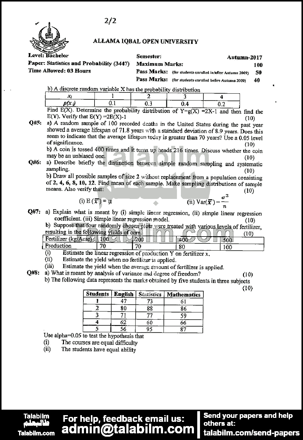 Statistics & Probability 3447 past paper for Autumn 2017 Page No. 2